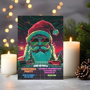 May include: A Christmas party invitation featuring a retro Santa Claus wearing sunglasses. The invitation includes the text "Join us for a Christmas Party" with event details. The design incorporates a grid pattern and neon colors.