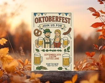 May include: Oktoberfest invitation with a vintage design. The card features illustrations of a man and woman in traditional attire, holding beer steins. The text reads "Oktoberfest, Join Us For" and includes event details: September 20th, 2:00 PM, 123 Keg Lane, RSVP to Katie 555-112-2111.