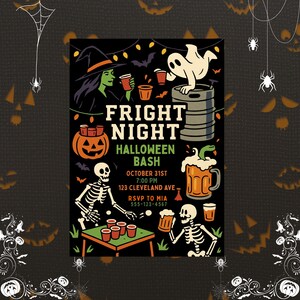 May include: A Halloween-themed invitation with the text "FRIGHT NIGHT HALLOWEEN BASH". The design features a witch, ghost, skeletons, and a jack-o'-lantern. The invitation includes the date, time, address, and RSVP information.