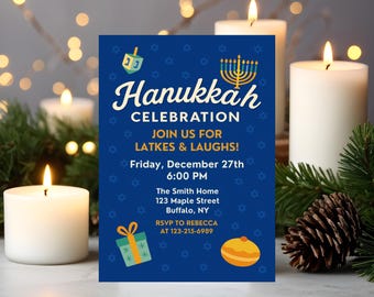 Hanukkah Invitation, Jewish Holiday Party Invite, Menorah Celebration Card, Festival of Lights Printable Template, Editable Canva Download