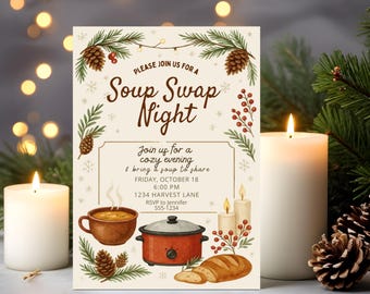 d'échange de soupe d'hiver | Faire-part de soirée soupe rustique cosy | imprimable d'échange de repas-partage | Invitation d'échange de soupes de Noël