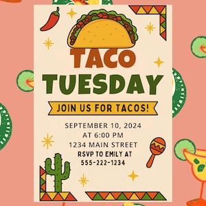 Taco Tuesday Invitation, Fiesta Party Editable Canva Template, Mexican Theme Invite, Cinco de Mayo Digital Download, Taco Night Card