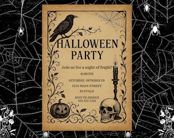 May include: Halloween party invitation with a vintage design. The invitation features a black raven perched on a branch, a pumpkin, a skull, and a lit candle. The text reads "Halloween Party" and includes event details.
