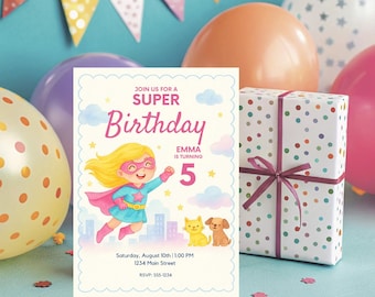 Girl Super Hero Birthday Invitation - Pastel Cartoon Super Hero Party - Printable & Editable Canva Template - Multiple Hair Colors