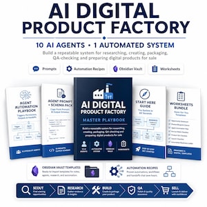 May include: A digital product suite titled AI Digital Product Factory, featuring a central master playbook, an agent automation playbook, a prompt and schema pack, a start here guide, and a worksheets bundle, all displayed with blue and white branding.