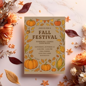 May include: A fall festival invitation card with pumpkins, leaves, and the text "FALL FESTIVAL". The card is surrounded by fall foliage and flowers. The event is on Saturday, October 15, from 1:00 PM to 5:00 PM.