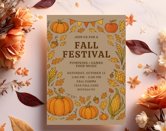 Fall Festival Invitation, Autumn Harvest Party Invite, Pumpkin Corn Apple Festival Flyer, Rustic Fall Fair Printable 5x7 Editable Invite
