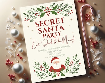 May include: A festive cream-coloured invitation for a Secret Santa Party, with green and red holly and berry accents. The text reads "Secret Santa Party, Eat, Drink & be Merry!" with event details and a Santa illustration. Ornaments and a candy cane surround the invitation.