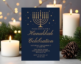 Hanukkah Invitation, Jewish Holiday Party Invite, Menorah Celebration Card, Festival of Lights Printable Template, Editable Canva Download