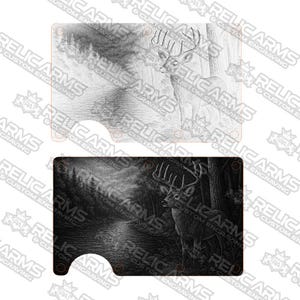May include: Two credit card-sized metal plates with a deer design. One plate is a grayscale drawing of a deer in a forest scene. The other plate is a black and white image of a deer in a forest. The text "RELIC ARMS CUSTOM ENGRAVING" is visible.