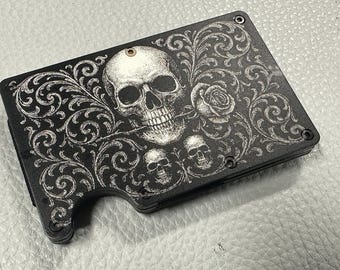 Skulls and Rose - Custom RFID Aluminum Wallet Design File for Laser Engraving Vector .Svg, .AI, .DXF