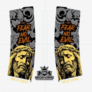 May include: Custom engraved gun grips with a portrait of Jesus wearing a crown of thorns. The grips display the text "I WILL FEAR NO EVIL" in orange and black, set against a grey floral design. The brand name "RELIC ARMS" is also visible.