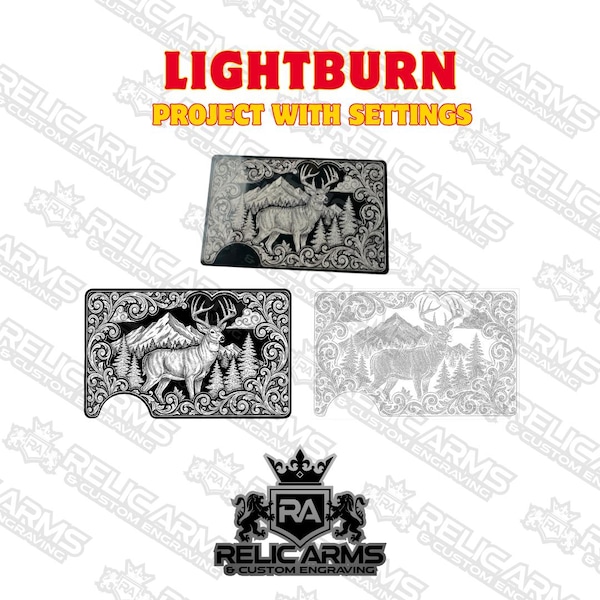 Ciervo de cola blanca y pergaminos: archivo de diseño personalizado para billetera RFID de aluminio para grabado láser - Archivo de proyecto Lightburn con ajustes, PNG negativo y positivo