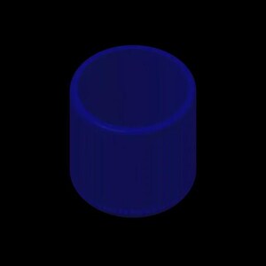 May include: A cylindrical object in a deep blue hue, set against a stark black background. The object has a smooth, rounded top and a consistent wall thickness, suggesting a container or a component.
