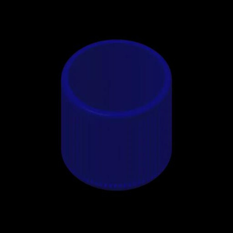 May include: A cylindrical object in a deep blue hue, set against a stark black background. The object has a smooth, rounded top and a consistent wall thickness, suggesting a container or a component.