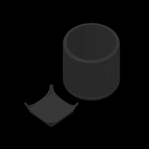 May include: Isometric view of a dark gray cylindrical container with vertical ridges and a matching square tray with curved edges. The objects are set against a black background.