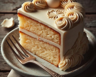 May include: A two-layer vanilla cake with white frosting and decorative swirls. The cake is on a light gray plate with a silver fork.