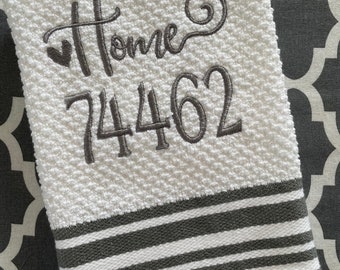 zip code embroidered hand towel - country kitchen - kitchen linens - house warming gift - wedding gift