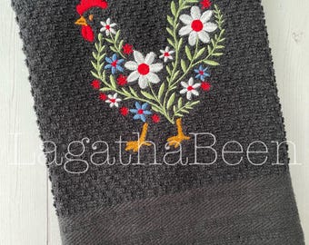 Paño de cocina bordado con estampado floral de gallinas, 100% algodón.