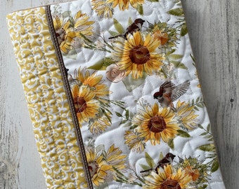 Funda para cuaderno de composición acolchada a máquina con diseño de girasoles (tela bordada)