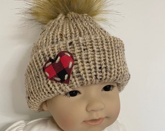 Heart patch knitted baby hat  - made to order