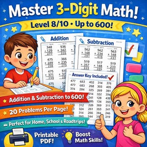 May include: Colorful educational graphic for mastering 3-digit math, featuring addition and subtraction problems. Includes an answer key, with the text "Master 3-Digit Math!" and "Level 8/10 • Up to 600!" Also includes "20 Problems Per Page!" and "Printable PDF!"