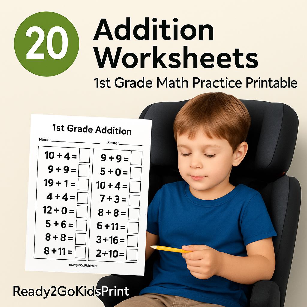 1st Grade Addition Worksheets | 20-Page Black & White Road-Trip Math Printable PDF