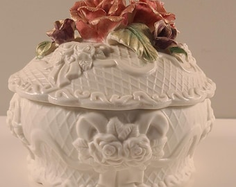Vintage Porcelain Trinket Box with Applied Roses