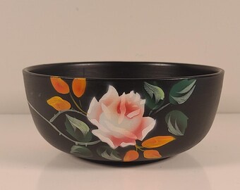 Vintage Brentleigh Hand Painted Floral Bowl – Made in England Black Ceramic with Roses – 6.5"