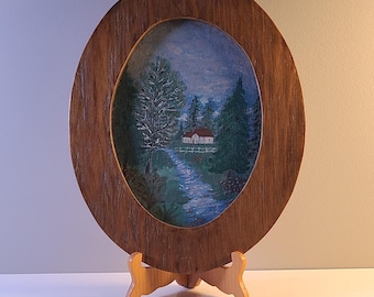 Vintage Hand-Painted Woodland Landscape on Wood Plaque – Rustic Cabin Scene – Oval Wall Art