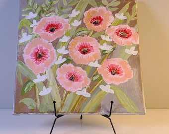 Vintage Hand-Painted Floral Canvas – Pink & Red Poppies Wall Art – Cottagecore Mid Century Style