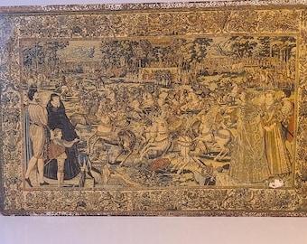 Large Vintage Florentine-Style Trinket Box with Tapestry Scene – 15.75″ × 10″ × 3″