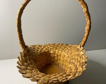 Vintage 1970s Flower Girl Basket: Signed Rustic Woven Wedding Keepsake