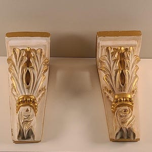 Pair of Ornate Wall Shelves – Gold & White Acanthus Leaf Corbels – French Country Wall Decor