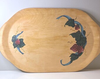 Vintage Hand-Painted Wooden Tray – Strawberry & Ribbon Folk Art – Cottage Kitchen Decor