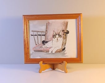 Original Watercolour Cat Painting – E. Snoot 1992 – Framed Vintage Pet Portrait
