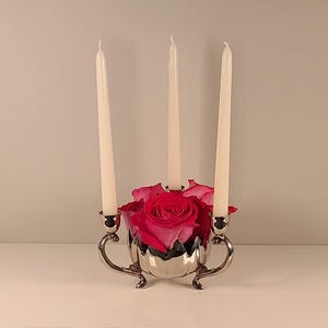 Vintage Lotus-Inspired Silver-Plated Brass Candelabra – E.P. Brass Hong Kong, 3 Candle Holder with Center Bowl