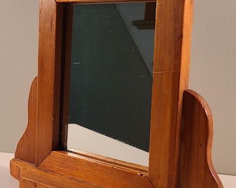 1985 Wooden Tabletop Mirror – Handcrafted Fixed Frame – Vintage Vanity or Dresser Decor
