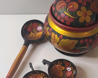 Vintage Russian Khokhloma Lidded Bowl Set – Hand-Painted Ladle & Hanging Spoons – Traditional Folk Art