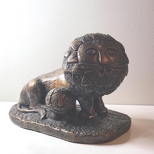 Vintage Resin Lion and Cub Sculpture | Faux Bronze Finish | Whimsical Midcentury Animal Figurine | Possibly Austin Productions