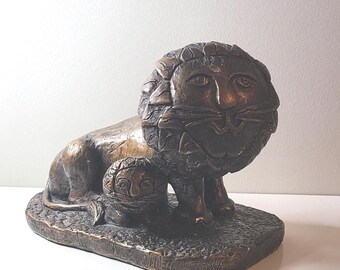 Vintage Resin Lion and Cub Sculpture: Faux Bronze Finish, Midcentury Animal Figurine