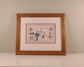 Vintage Framed Cross Stitch: Hand Embroidered "Happy Home" Folk Art