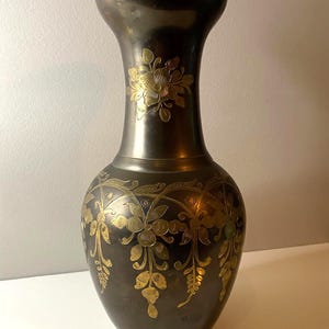 Large Vintage Brass Vase with Etched Floral Design