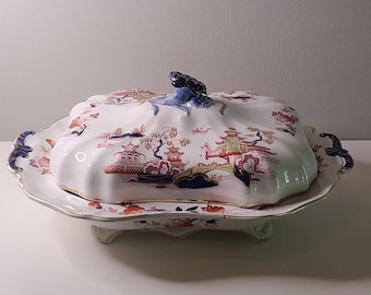 Antique Ironstone Tureen with Lid – B.B. & L. England “Tongquin” Pattern – Chinoiserie Covered Vegetable Dish
