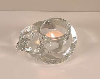Vintage Clear Glass Cat Tealight Candle Holder – Mid-Century Scandinavian-Style Decor