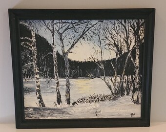 1977 Vintage Winter Landscape Painting: Maine Black & White Art