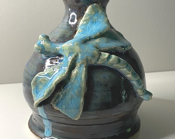 Handmade Pottery Vase: Sculpted Dragonfly, Blue Green Glaze - Signed LYNN