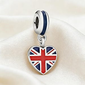 Great Britain Union Jack Heart Dangle Charm,925 Sterling Silver Charm,Compatible with Pandora Bracelets,Inspired,Perfect Gifts Women