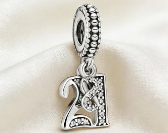 21歳のお祝いダングルチャーム、925スターリングシルバーチャーム、パンドラブレスレットに対応、インスピレーション、女の子や女性へのプレゼントに最適