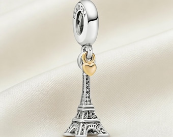 Charm colgante de la Torre Eiffel de París y corazón, plata de ley 925, compatible con pulseras Pandora, ideal como regalo para mujer.